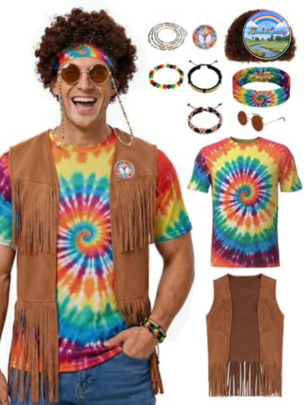 Men's 10 Pc Hippie Costume Set Tie Dye Shirt Fringe Vest 70s Retro Party